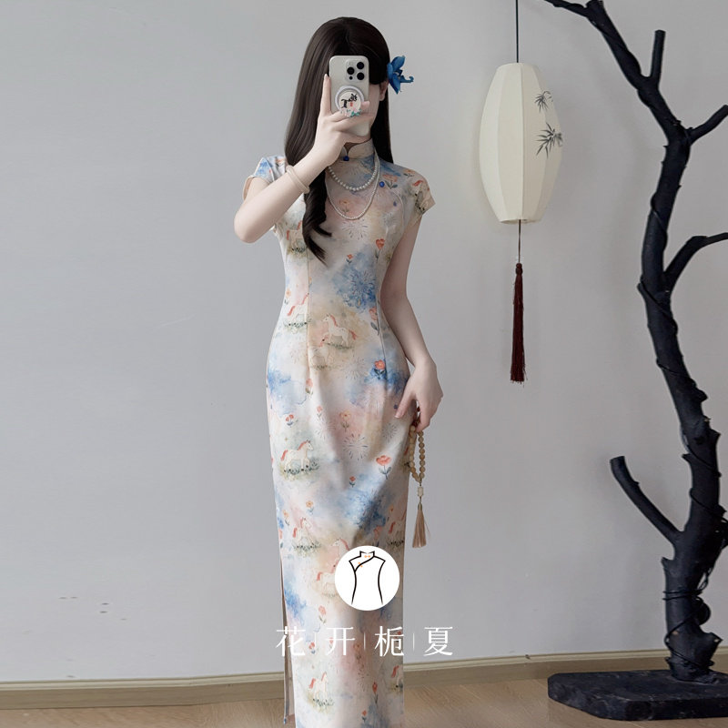 少女感梦幻晕染小马旗袍新中式绝美气质掐腰显瘦连衣裙3/28
