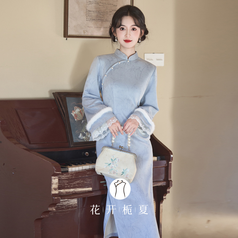 新中式年轻款少女蓝色加绒旗袍