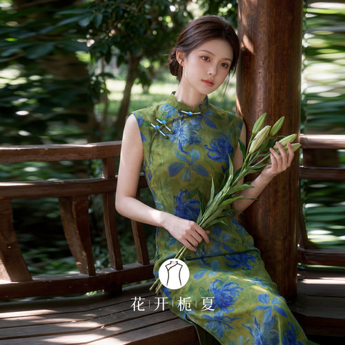 老上海复古油画风绿色无袖旗袍