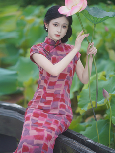 乔其纱半开襟旗袍2026新款复古民国风古法曳地长款连肩袖1930日常