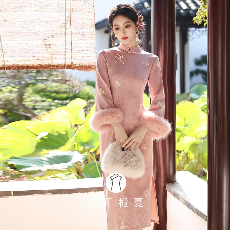 复古国风绝美粉色旗袍加绒保暖