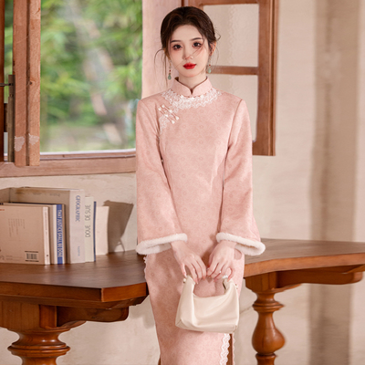 新中式改良少女粉色旗袍加绒加厚