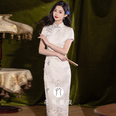 白色刺绣旗袍新中式 枝漾 绝美气质高级少女连衣裙订婚礼服