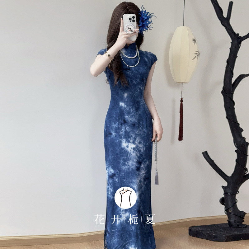 《星空》绝美新中式蓝色无袖旗袍曳地长款2025新款日常复古
