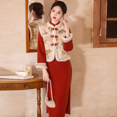 新中式国风红色旗袍马甲套装