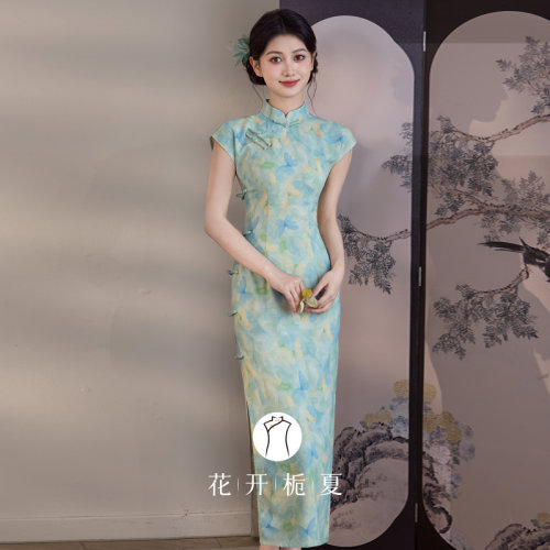 新中式绝美气质长款绿色旗袍