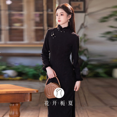 新中式改良黑色旗袍加绒加厚