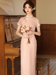 粉色条纹旗袍新款2024春夏年轻款少女高级感气质改良复古连衣裙