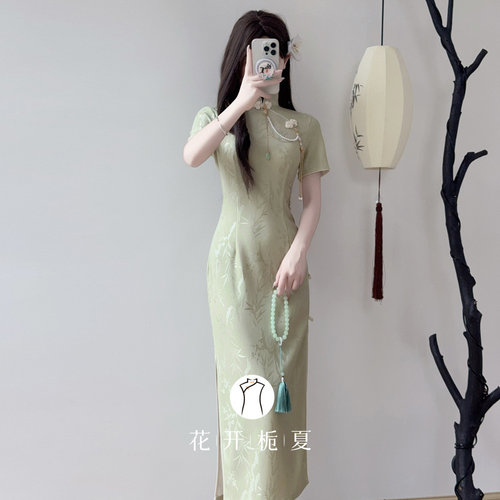新中式改良绿色旗袍少女连衣裙