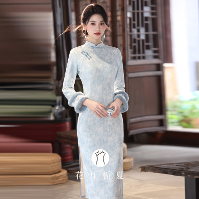 新中式改良蓝色旗袍加绒加厚