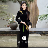 新中式 复古气质连衣裙12 国风黑色金竹丝绒旗袍冬季 加绒加厚新款