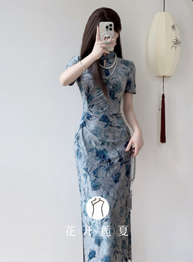新中式国风蓝色素雅旗袍弹力修身显瘦2025巨好看少女连衣裙8/18