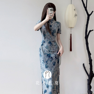 新中式国风蓝色素雅旗袍弹力修身显瘦2025巨好看少女连衣裙8/18