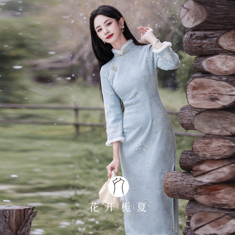 新中式国风绝美蓝色旗袍加绒加厚