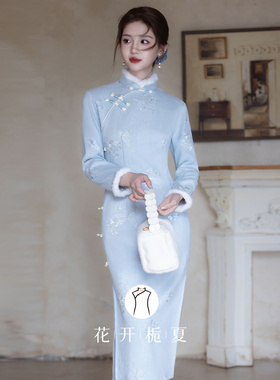 蓝色旗袍冬款新中式改良年轻款少女高级感加厚保暖连衣裙10/31