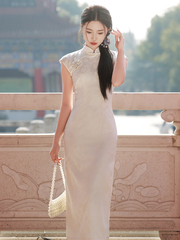 新中式改良白色提花旗袍2024春夏复古高级感年轻款少女长款连衣裙