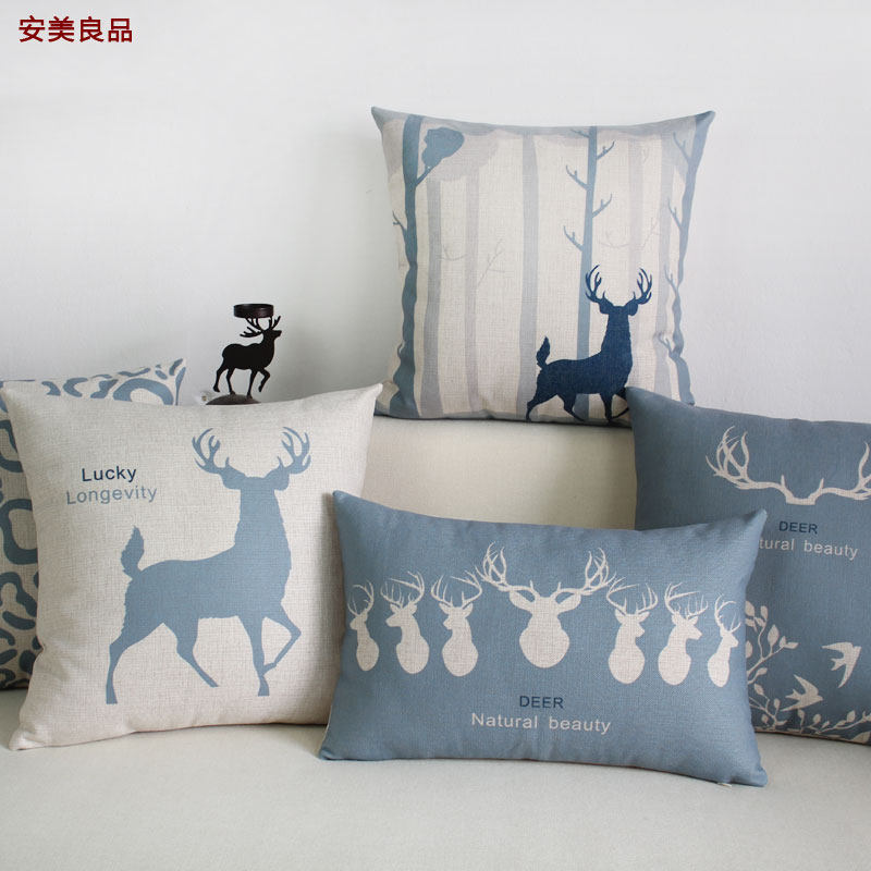 鹿北欧复古蓝现代棉麻抱枕沙发靠垫套汽车腰靠办公室靠枕腰枕含芯,居家布艺,靠垫/抱枕,淘宝优惠券,粉丝福利购,淘宝优惠卷