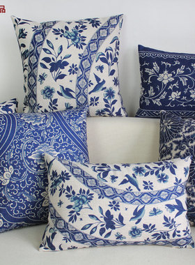 新古典中式青花瓷靠垫 复古花纹蓝色创意抱枕沙发办公室靠枕腰枕