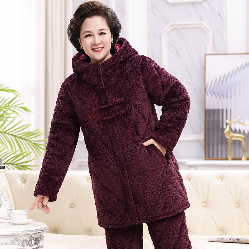 冬季中老年妈妈睡衣女老人棉袄保暖家居服中长款加厚加绒夹棉套装