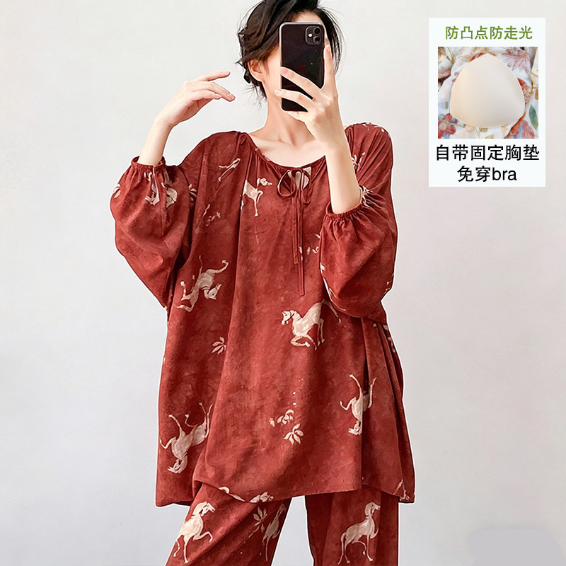 新款棉绸长袖睡衣女夏季薄款家居服日系网红爆款防凸点套装带胸垫
