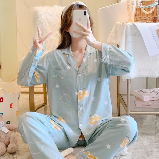 棉绸睡衣女长袖套装宽松大码人造棉夏季绵绸月子服家居服空调服薄