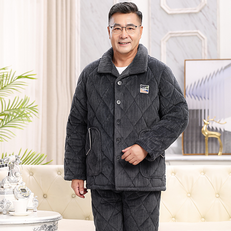 冬季中老年男士珊瑚绒夹棉袄睡衣三层加厚加绒爸爸家居服老人套装