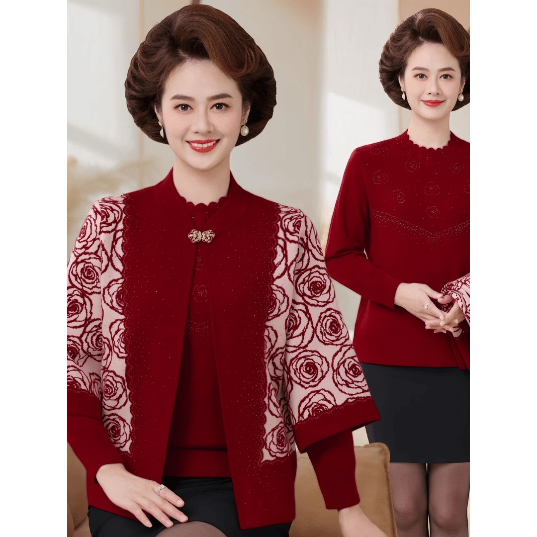 中老年女装妈妈装春秋新款针织开衫两件套装洋气时尚上衣毛衣外套