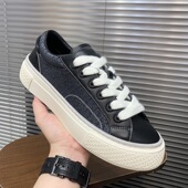 D家真皮绒面板鞋 女2026春秋提花字母厚底增高系带情侣休闲鞋