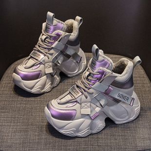爆款秋冬老爹鞋女款渐变色高帮内增高厚底8cm炸街休闲运动鞋特惠