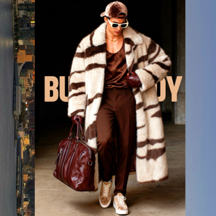 BUDDYBODY奢华名媛嘻哈街头宽松廓形仿貂绒虎纹印花环保皮草大衣