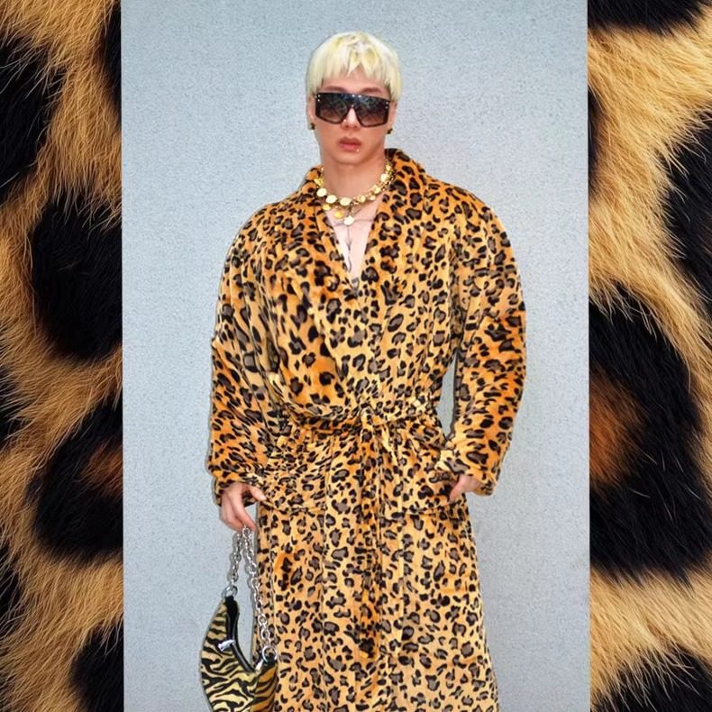 豹纹印花睡袍套装嘻哈宽松