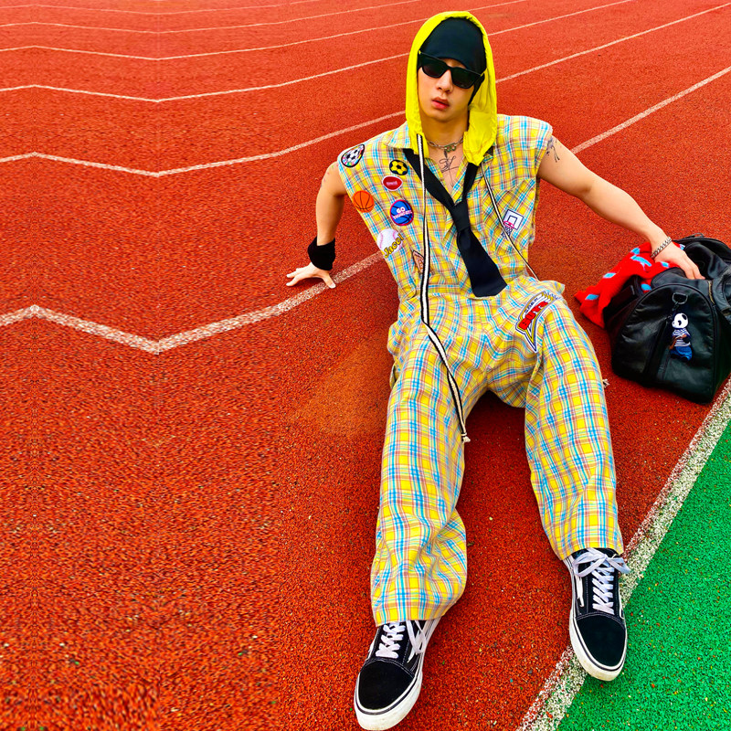 原创街头潮流嘻哈格纹连体裤衬衣