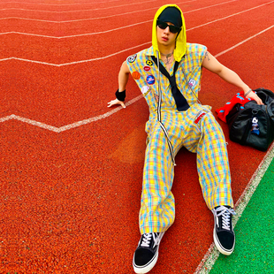 BUDDYBODY原创街头潮流连帽宽松大码 嘻哈格纹衬衣垫肩背心连体裤