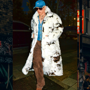 BUDDYBODY欧美嬉皮宽松帅气翻领奶牛纹仿羊毛环保毛超长皮草大衣