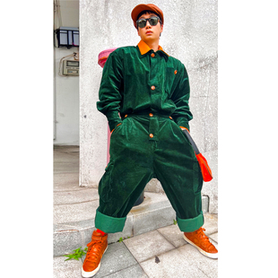 阔腿连体裤 潮流多口袋工装 重磅复古宽松灯芯条大码 BUDDYBODY美式