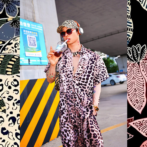 豹纹印花衬衣短裤套装度假