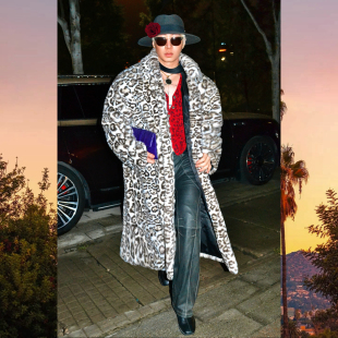 BUDDYBODY欧美嘻哈街头宽松翻领豹纹印花仿兔绒环保皮草超长大衣