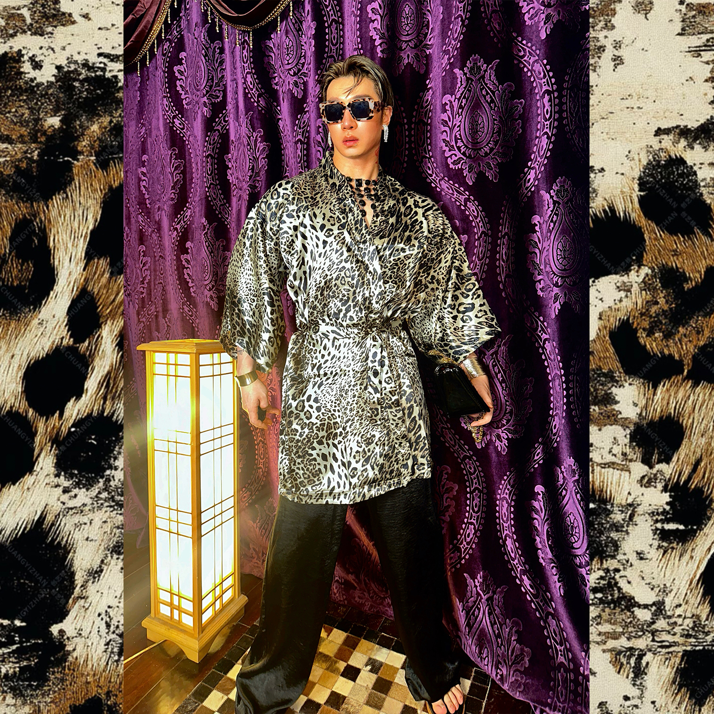 豹纹印花缎面睡袍嘻哈性感