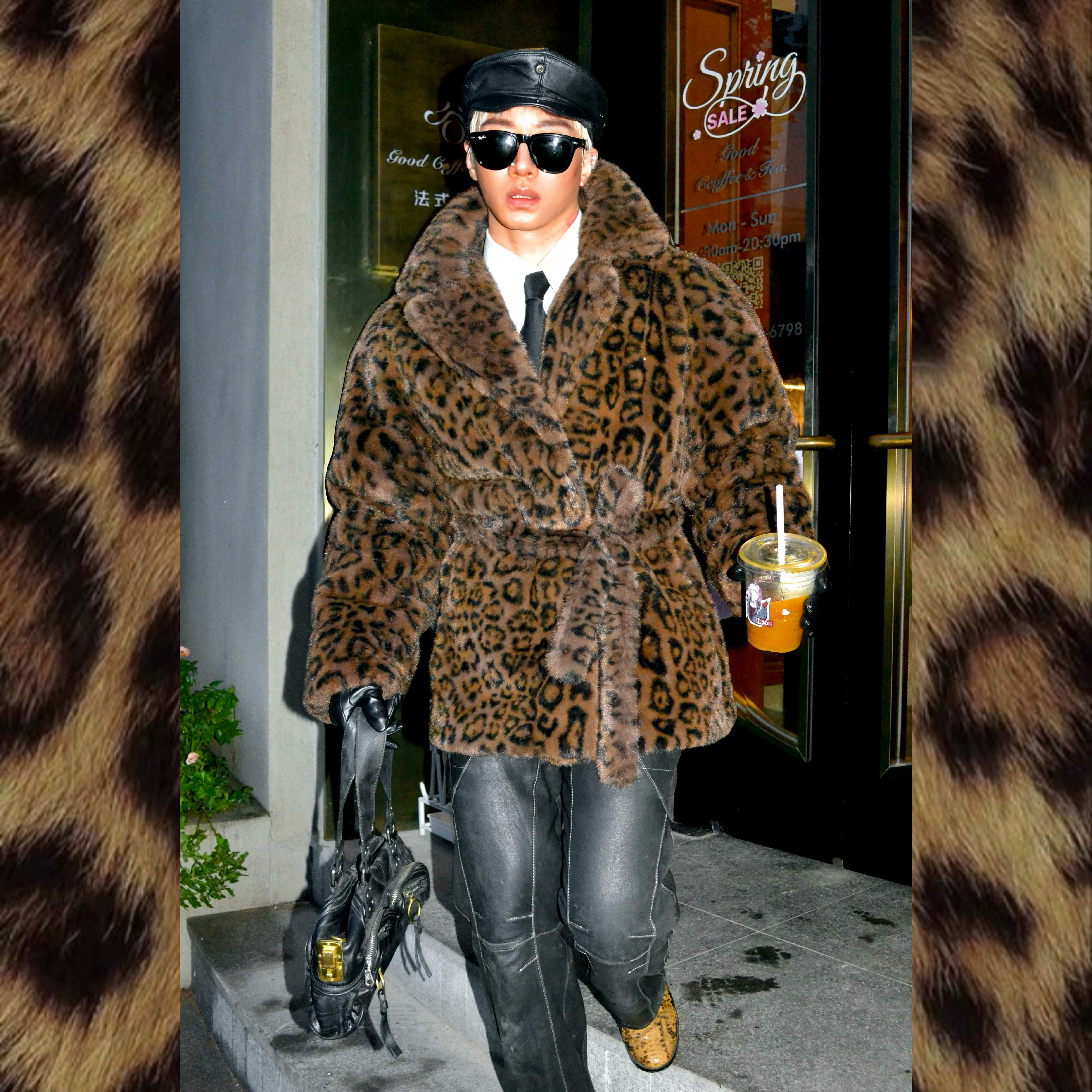 豹纹印花仿貂绒皮草西装