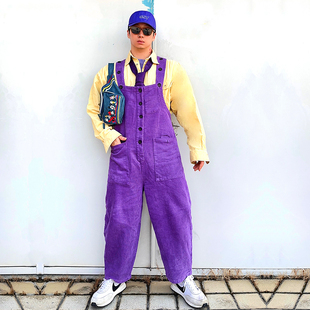 潮流连体裤 BUDDYBODY英伦复古阿美咔叽宽松休闲大码 灯芯条背带裤