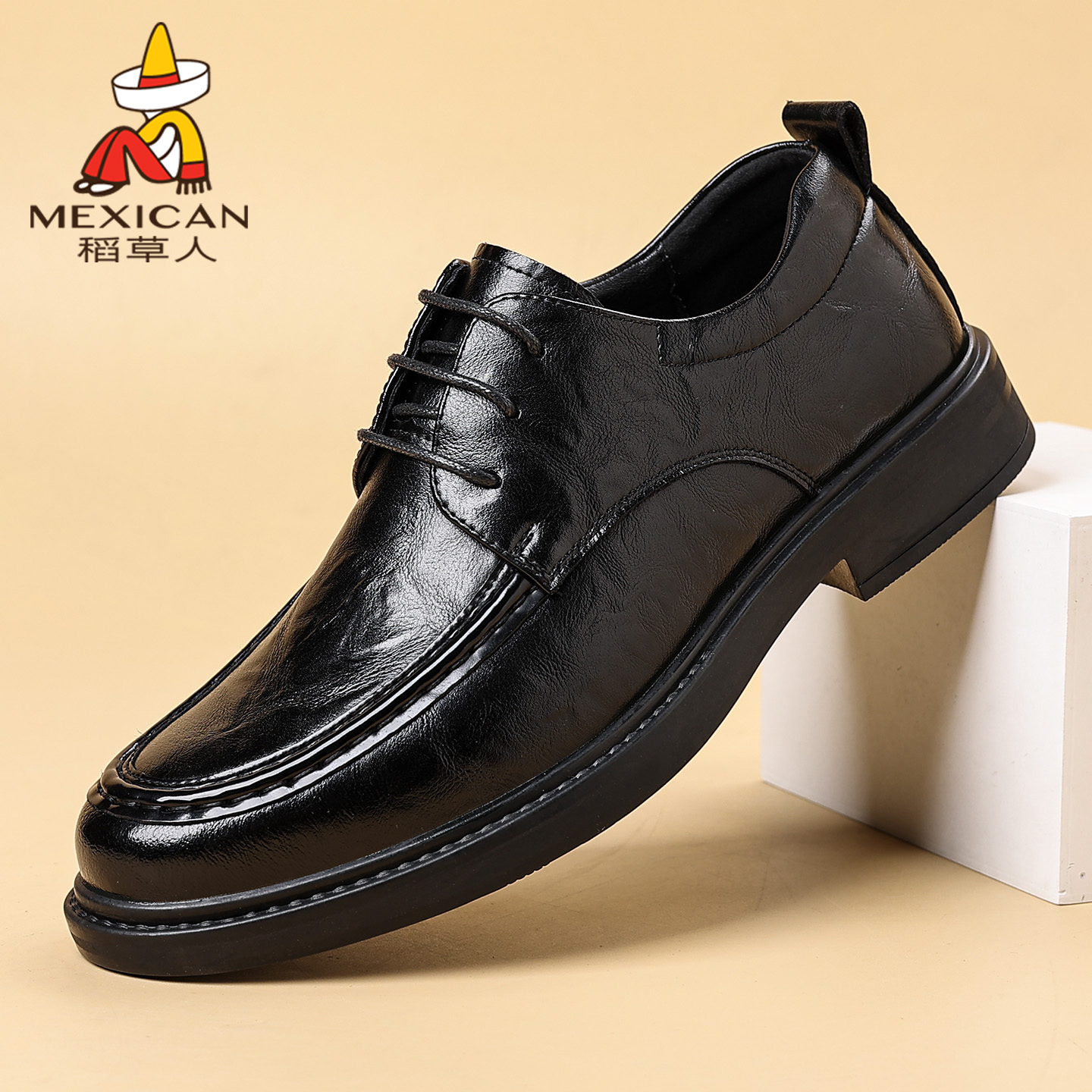 稻草人皮鞋真皮透气增高商务正装