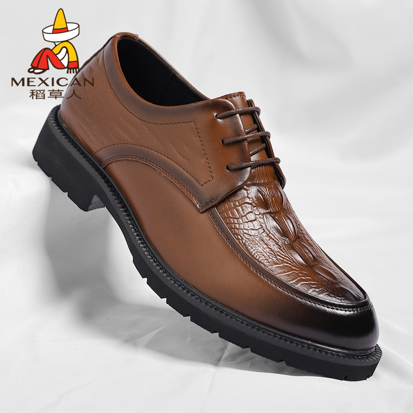 稻草人皮鞋男款真皮冬季透气新款商务休闲鳄鱼纹正装男鞋潮流婚鞋