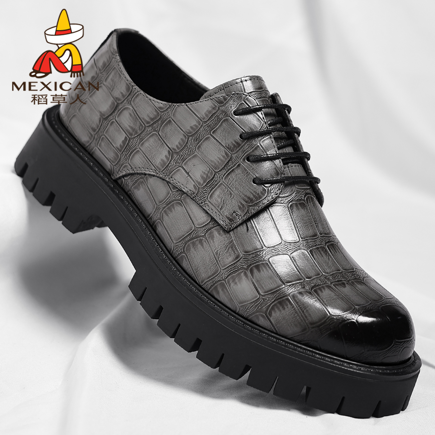 稻草人皮鞋正装潮流高端真皮厚底