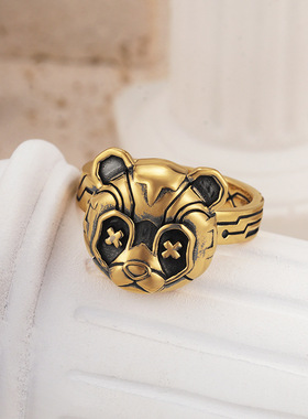 2025新款潮牌黑金戒指男女款铜镀古金戒指指环机械熊猫开口戒指