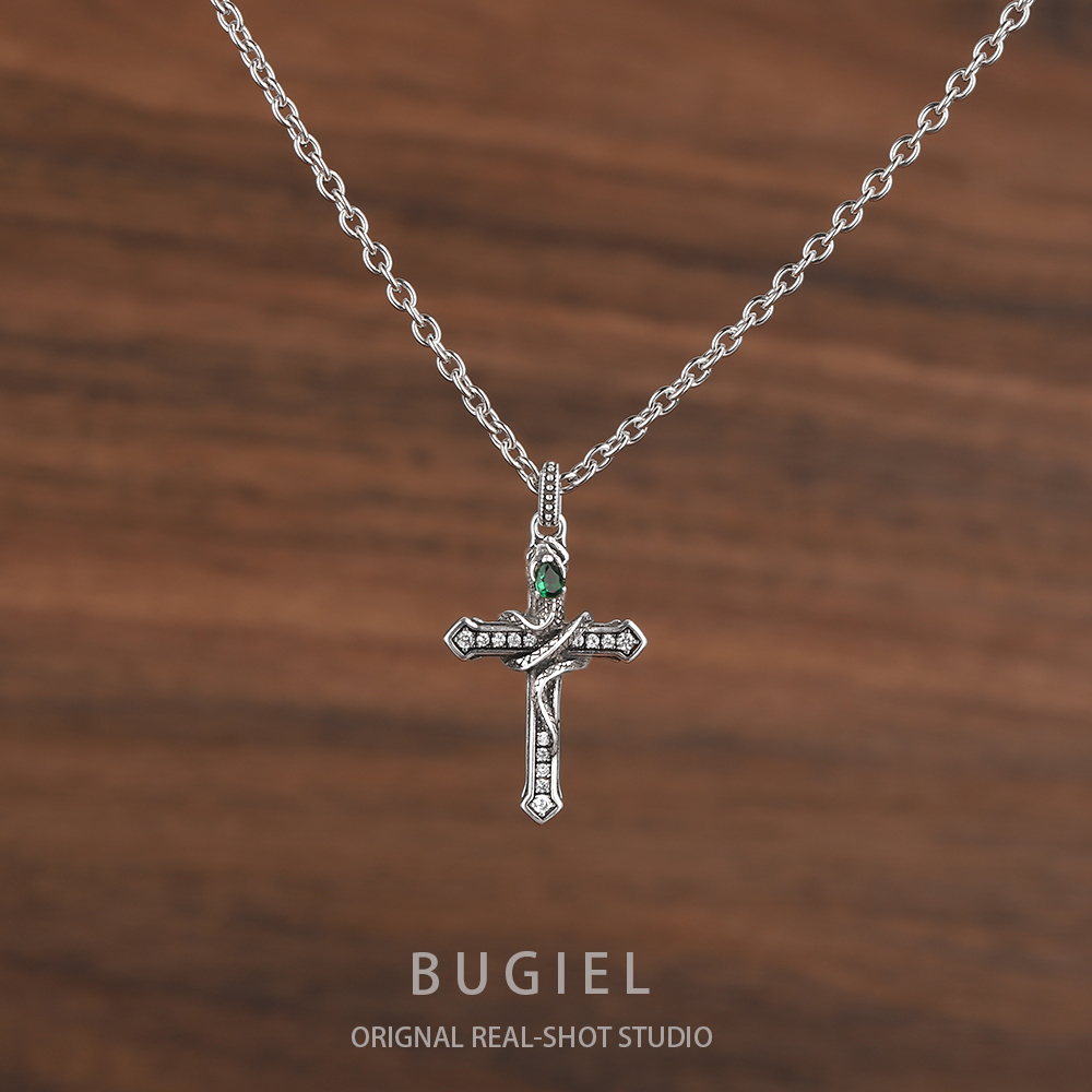 复古蛇缠绕十字架吊坠项链男女