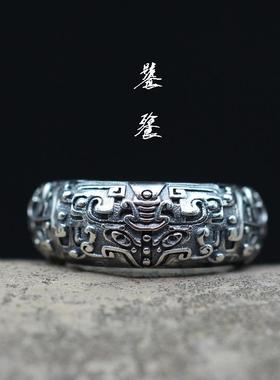 开口复古风神兽饕餮纹戒指原创