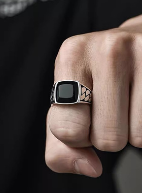 跨境仿黑玛瑙戒指男士古巴链个性设计开口尾戒食指戒百搭高级感