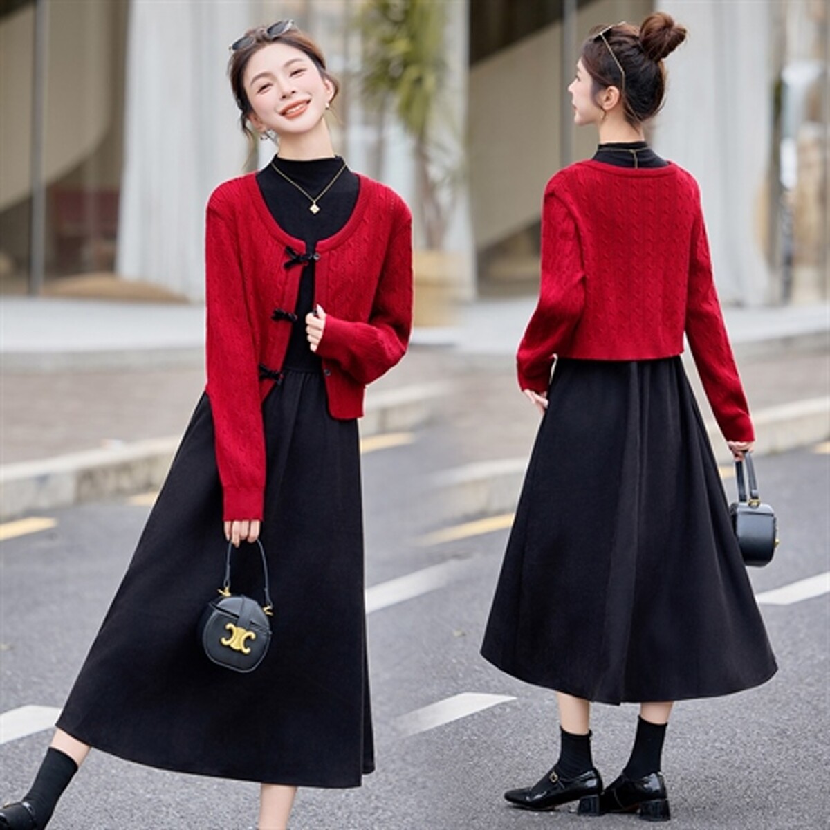 2025秋季新款修身显瘦气质连衣裙套装女中长款红色毛衣开衫两件套
