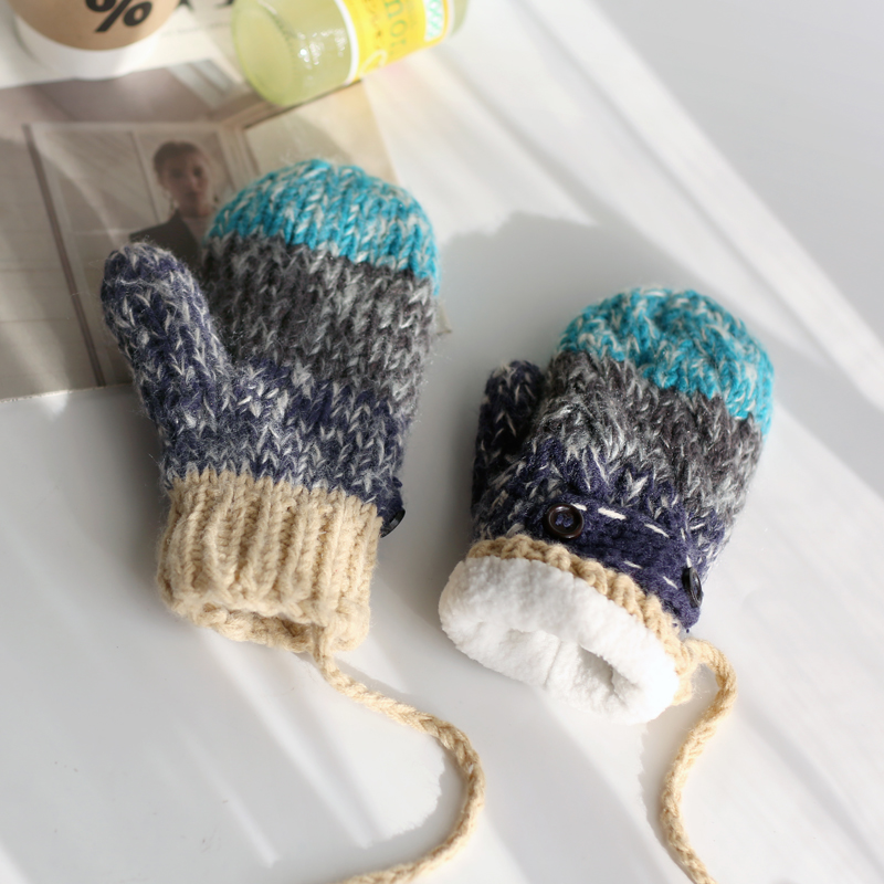 甜美可爱的挂脖扣子毛线针织手套女冬季全指拼色加绒加厚保暖骑行