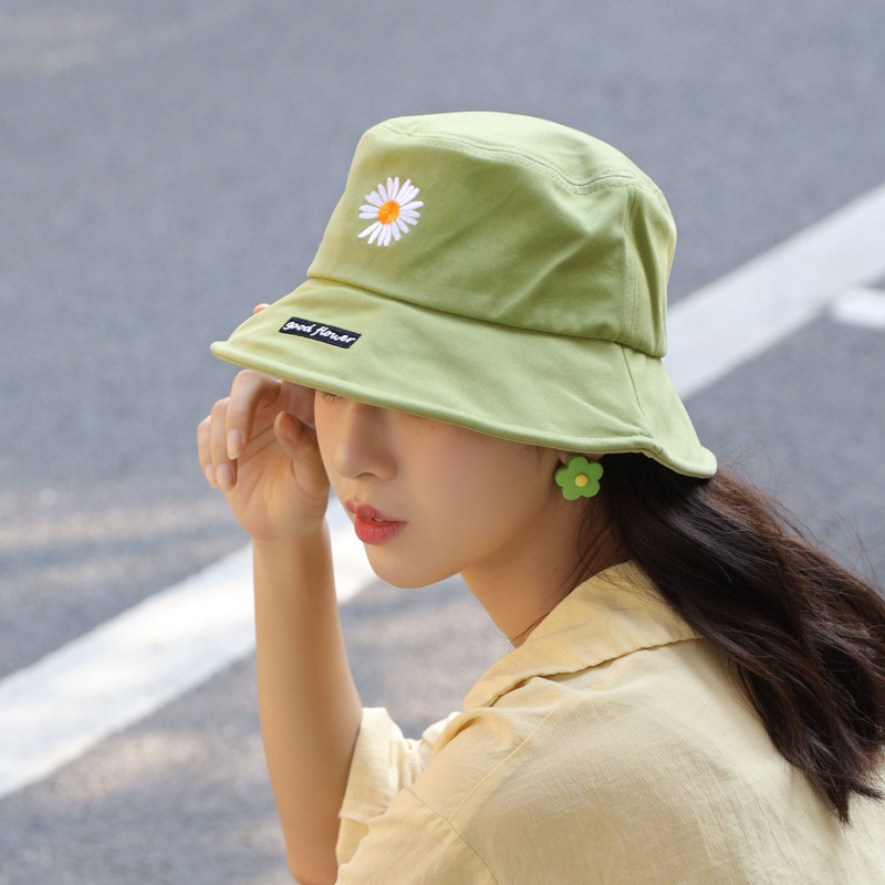 日系小雏菊可爱小清新绿色渔夫帽 女韩版百搭学生盆帽夏季绿帽子